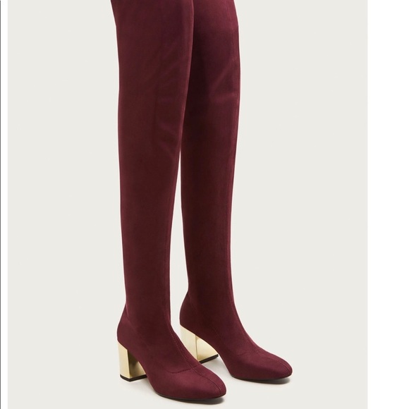 Metallic Heel High Boots Wine Gold Zip Accents - Picture 2 of 6